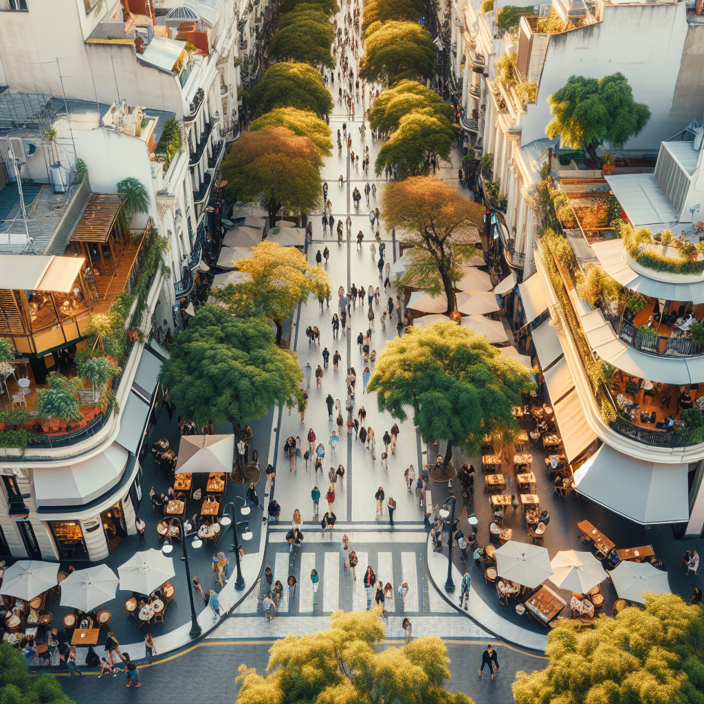 Oversiktsbilde av Buenos Aires: fargerik gate i Palermo med gående turister, kafeer, trær og solnedgang, moderne og innbydende stil