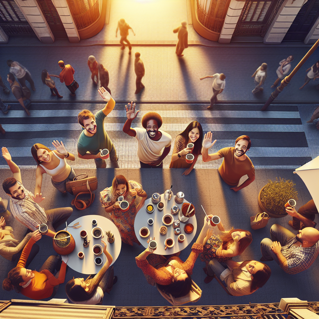 Oversiktsbilde av Buenos Aires: gate med folk som hilser, en kafé med venner som deler mate, varmt kveldlys, urban latinamerikansk atmosfære